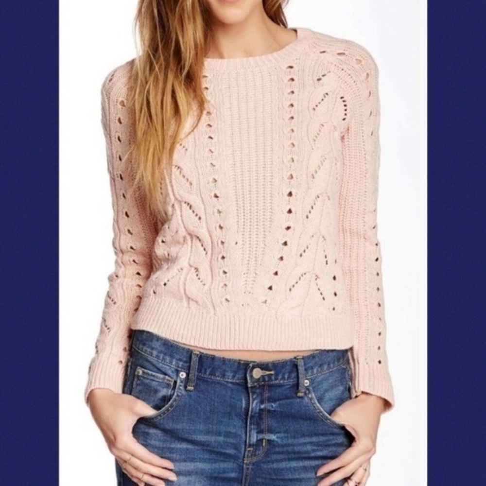 Lucky Brand Dusty Pink Cable Knit Crew Neck Ribbed Trim Casual Sweater S - Picture 2 of 13